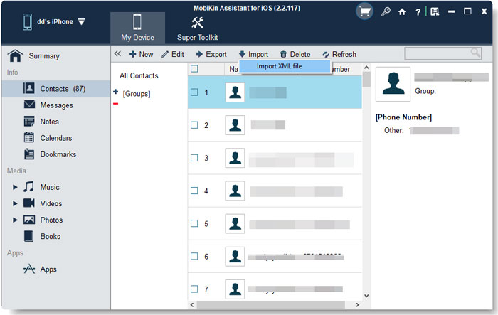 import contacts from xml to iphone