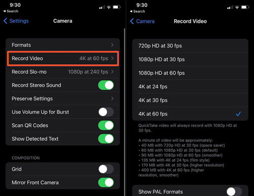 set camera recording settings on 1080p