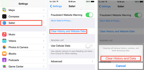clear browsing data of iphone
