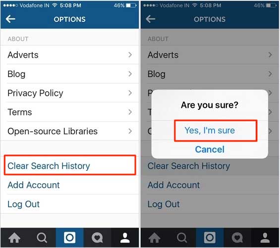 clear instagram search history on iphone