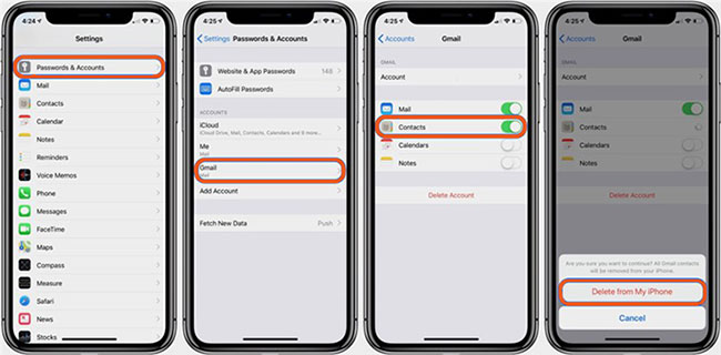 how to permanenlty delete contacts on iphone via email accounts