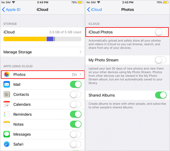 disable icloud photos to fix cannot delete photos from iphone