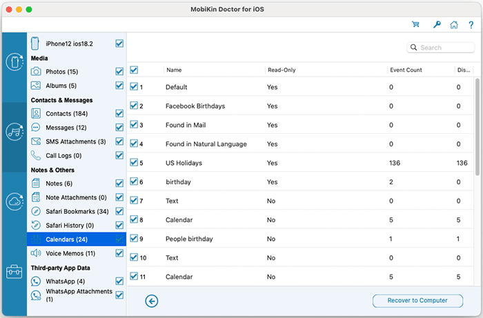 recover calendars from itunes backup