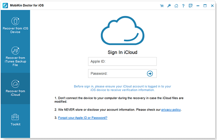 choose recover from icloud backup file mode