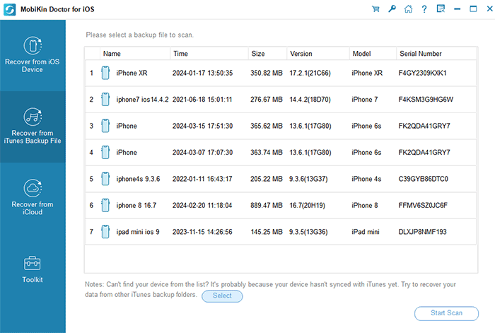 select the recover from itunes backup file mode