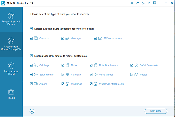 select the data types to start scan