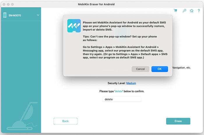 set the app as the default sms app
