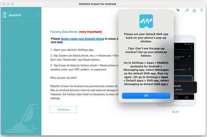 set back the default sms app