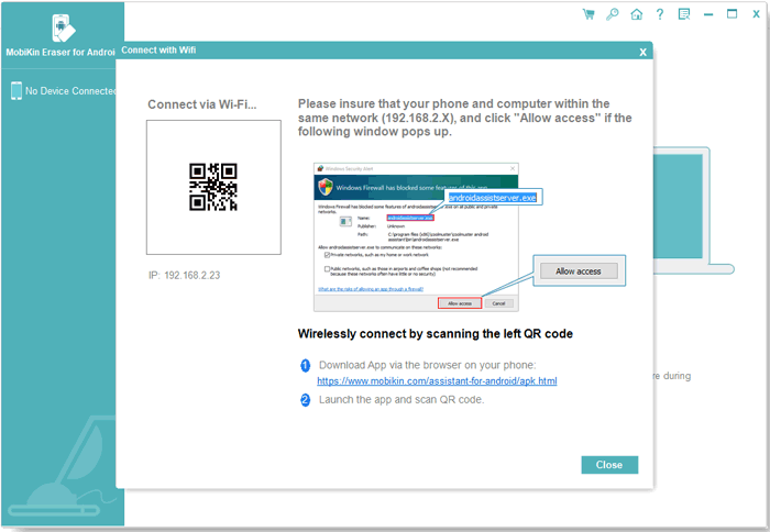 Connect Android Data Eraser via Wi-Fi