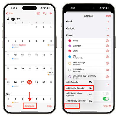 add share and subscribed calendar on iphone