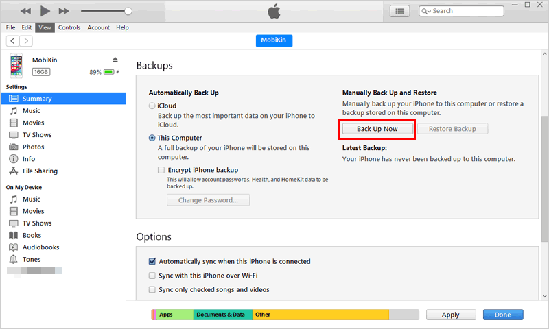 how to back up iphone without wifi using itunes