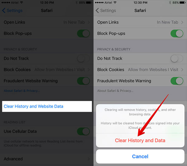 clear safari history and cookies on iphone