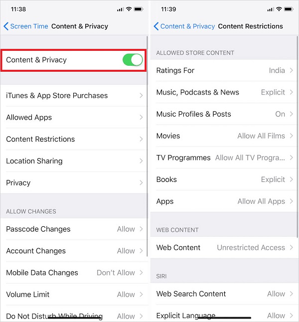 turn off content privacy restriction