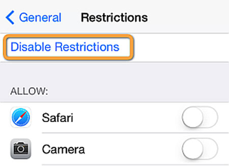 disable restrictions on iphone to fix itunes error