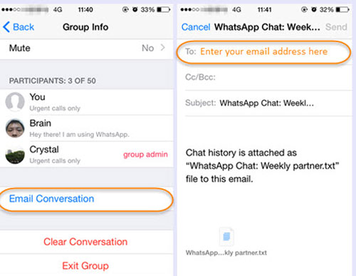 how to back up whatsapp data from iphone by email