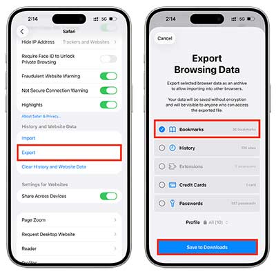 export safari bookmarks from iphone with safari