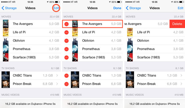 delete videos on iphone via settings