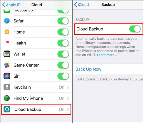 enable icloud backup to backup text messages on iphone