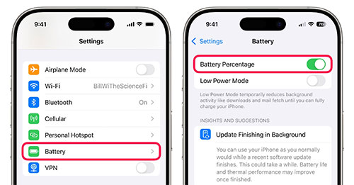 show battery percentage on iphone via settings