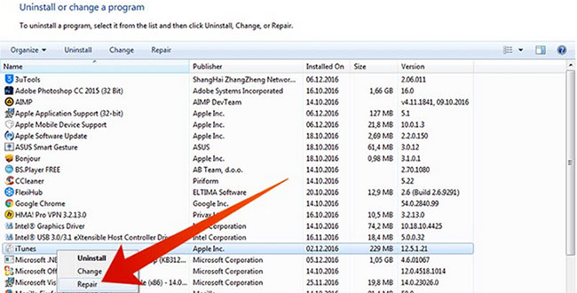 reinstall or repair itunes on windows