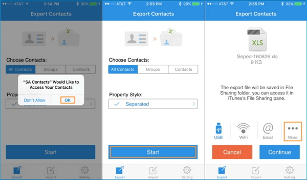 how to export contacts from iphone to csv via sa contacts lite