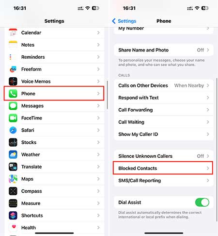 see blocked numbers on iphone settings