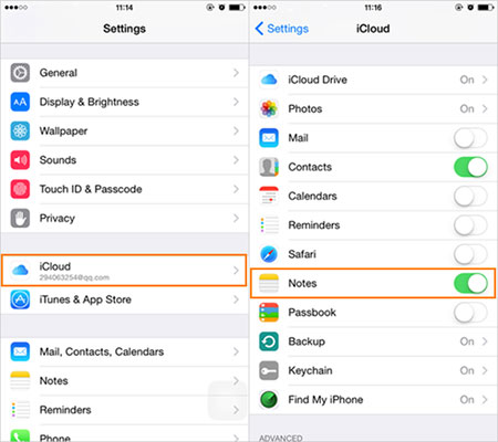 enable icloud service for notes