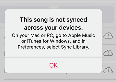 this song is not synced across your devices