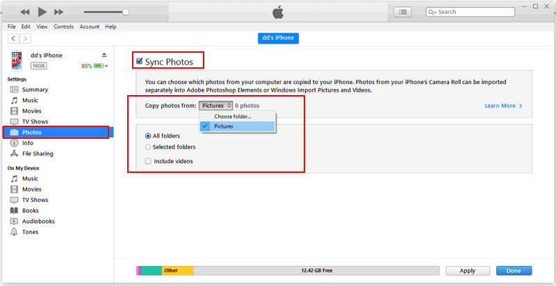 download pictures from iphone to laptop via itunes