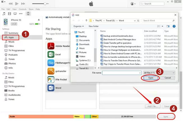 how to save word document on iphone via itunes