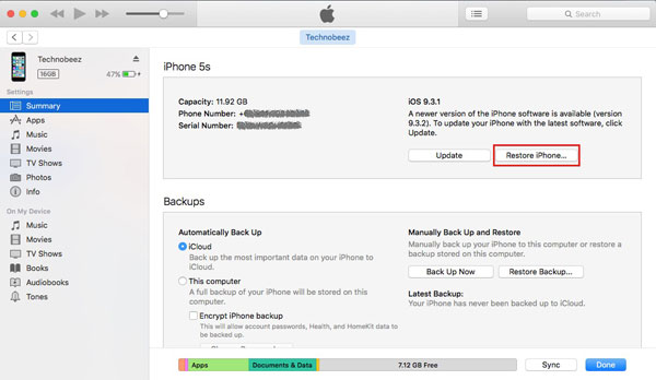 fix iphone blue screen by doing factory settings on iphone