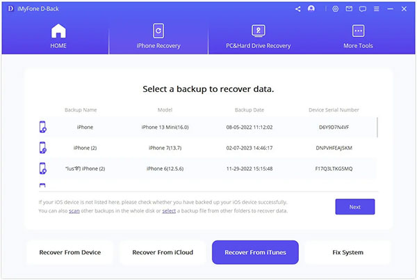 recover from itunes using imyfone d back