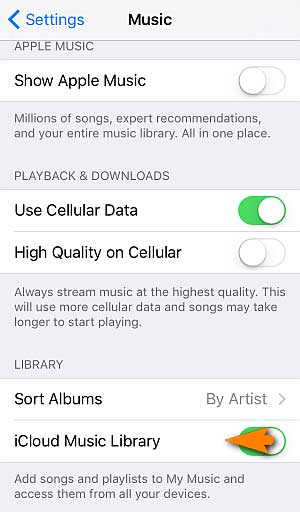 turn off icloud music library feature on iphone