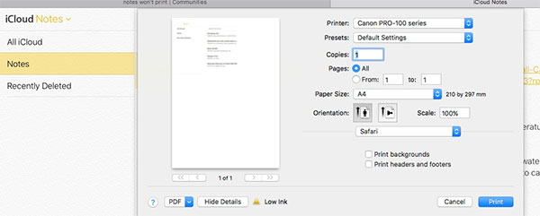 print icloud notes from icloud web