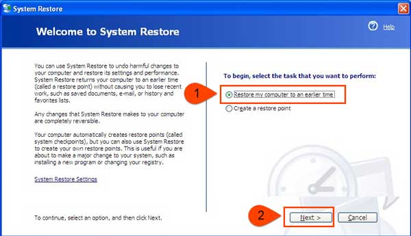 restore computer to an earlier time to fix error 1