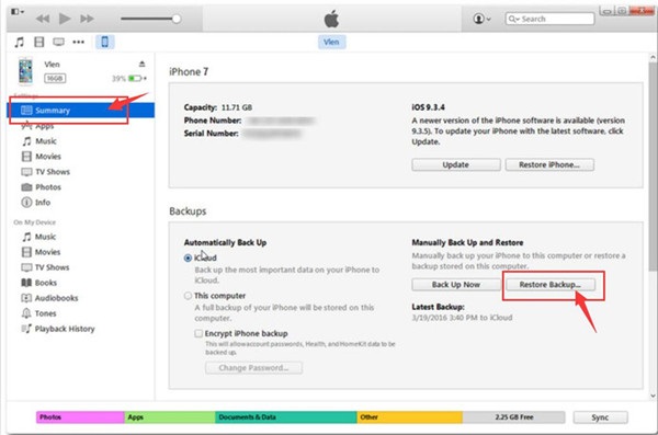 restore iphone from itunes