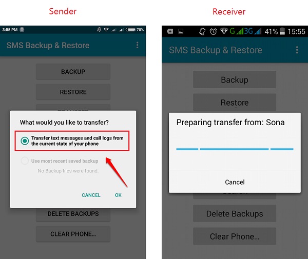 transfer call logs from android to android via sms backup and restore
