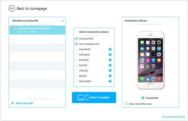 select data to transfer from blackberry to iphone