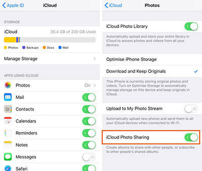 enable icloud photo library and sharing