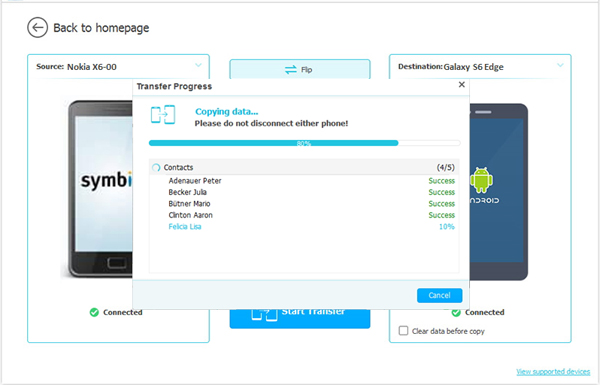 start to transfer contacts from nokia to htc