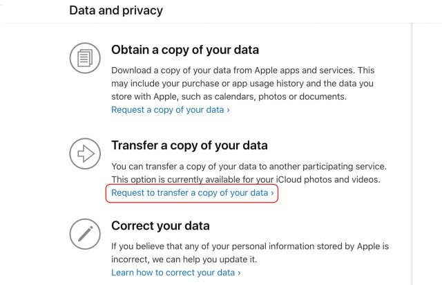 transfer icloud photos to google photos via data and privacy feature