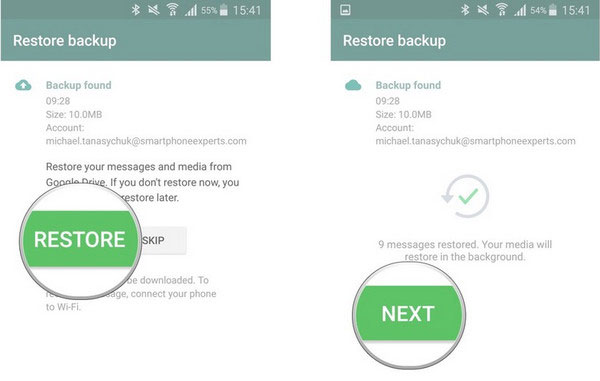 transfer whatsapp data to new samsung via google drive