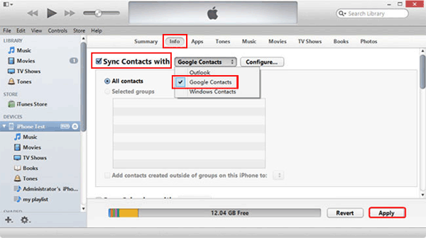 how to get contacts from iphone to android using itunes