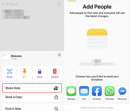 transfer notes from icloud to icloud via share notes