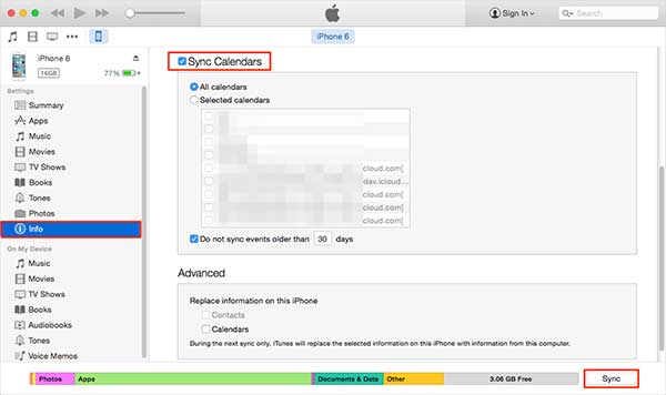 sync calendars on iphone with itunes