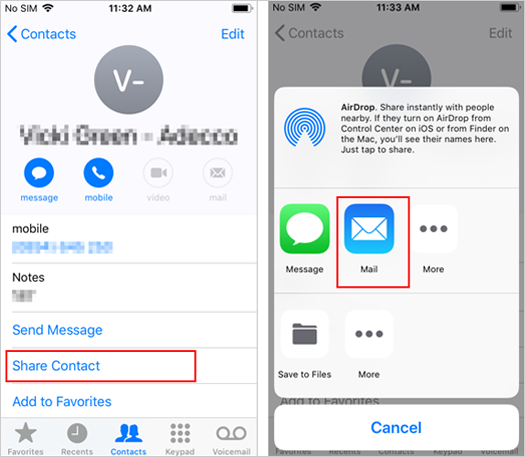 share contacts between iphones via email