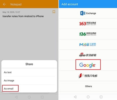 share apple notes to android via email