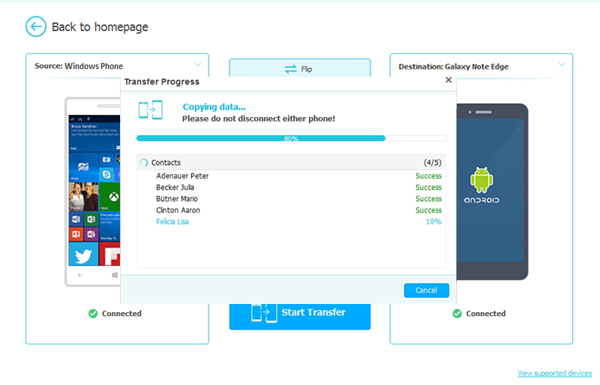 start to transfer data from windows phone to iphone