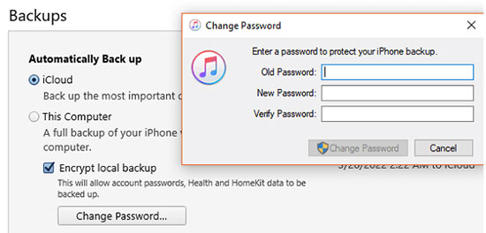how to change iphone itunes backup password