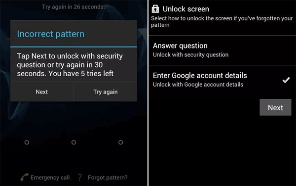 unlock android using forgot pattern